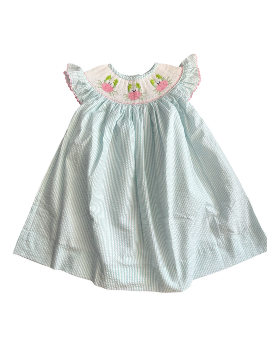 Smocked Teal Crab Bishop Dress
