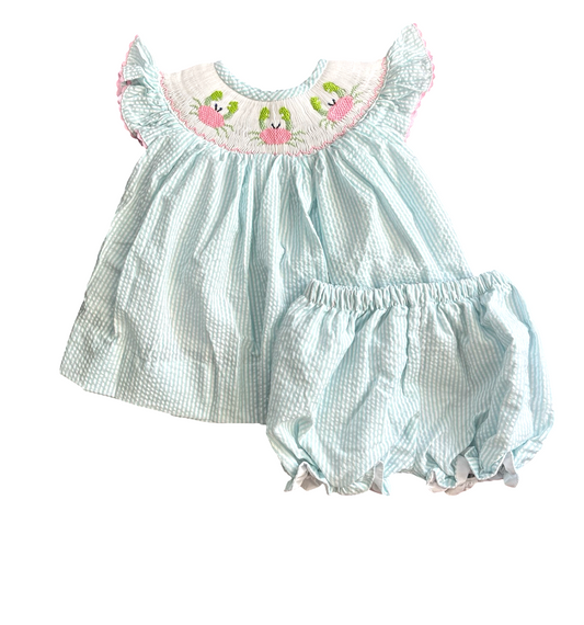 Smocked Teal Crab Bloomer Set