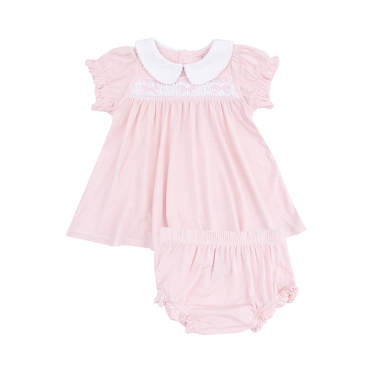 Pink Bow Smocked Dress with Ruffle Leg Bloomer